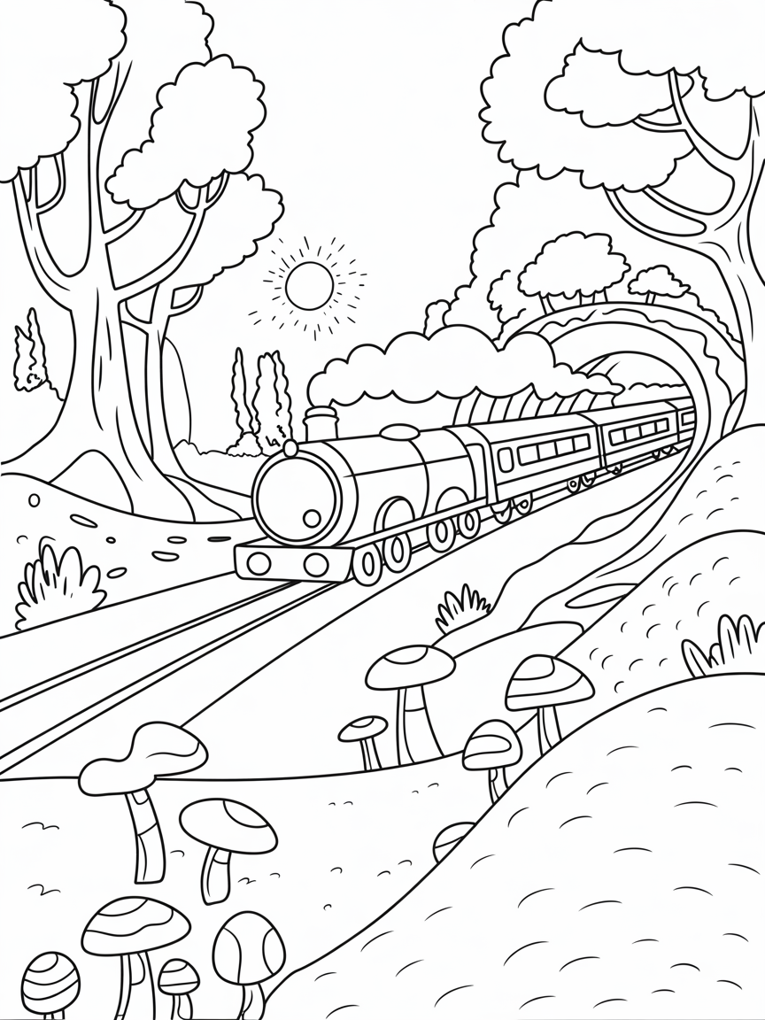 Hogwarts Express speeding through a mystical forest - Free Coloring Page