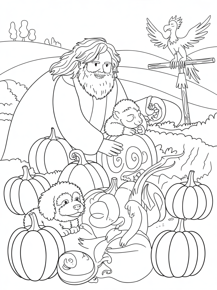 Hagrid caring for magical creatures in his pumpkin patch - Free Coloring Page