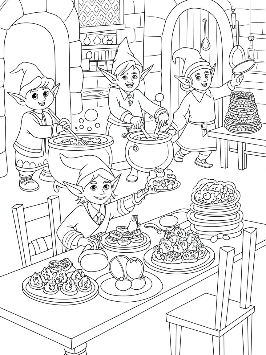 Hogwarts House elves preparing a magical feast - Free Coloring Page
