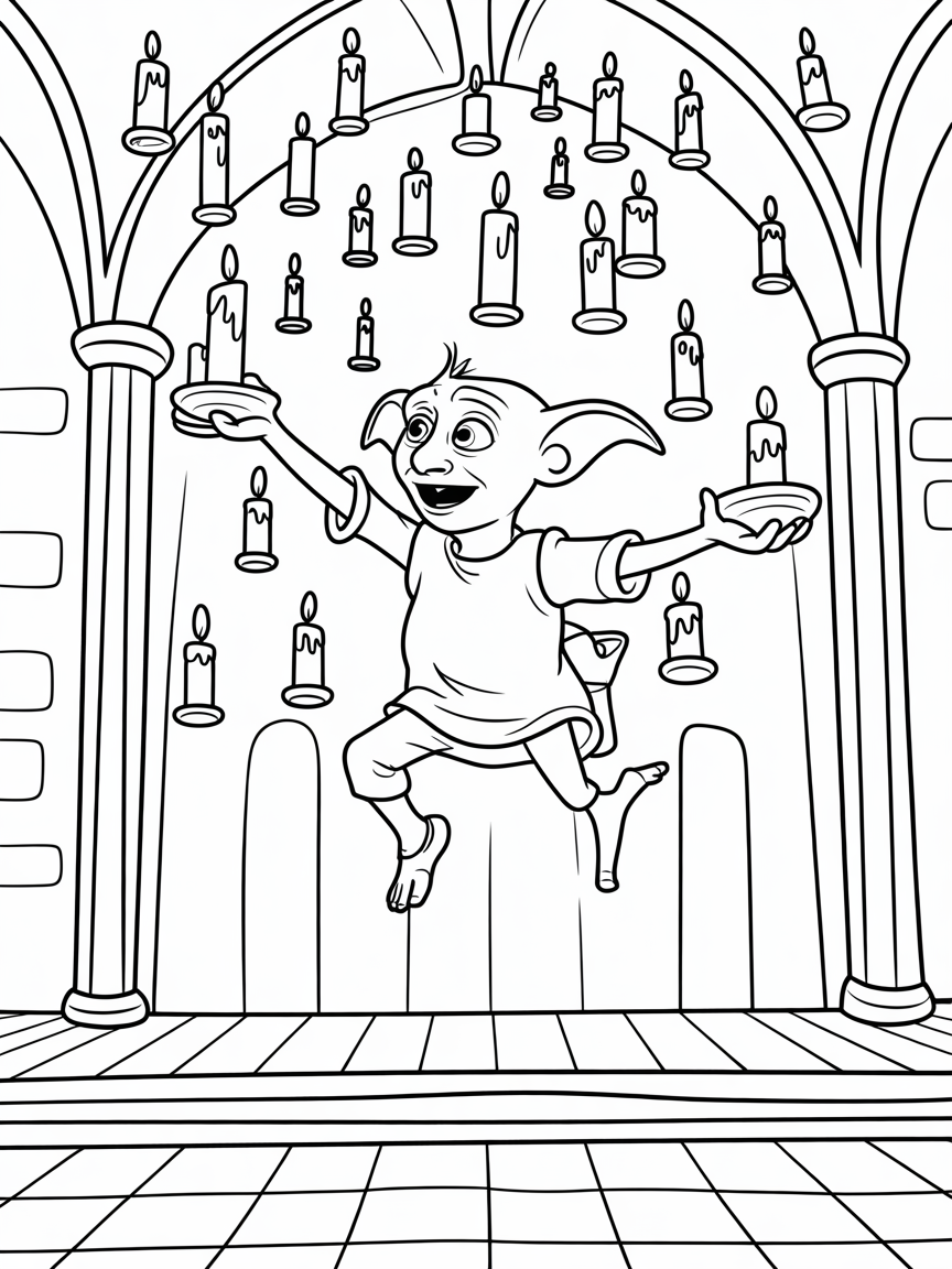 Dobby decorating with floating candles in Hogwarts halls - Free Coloring Page