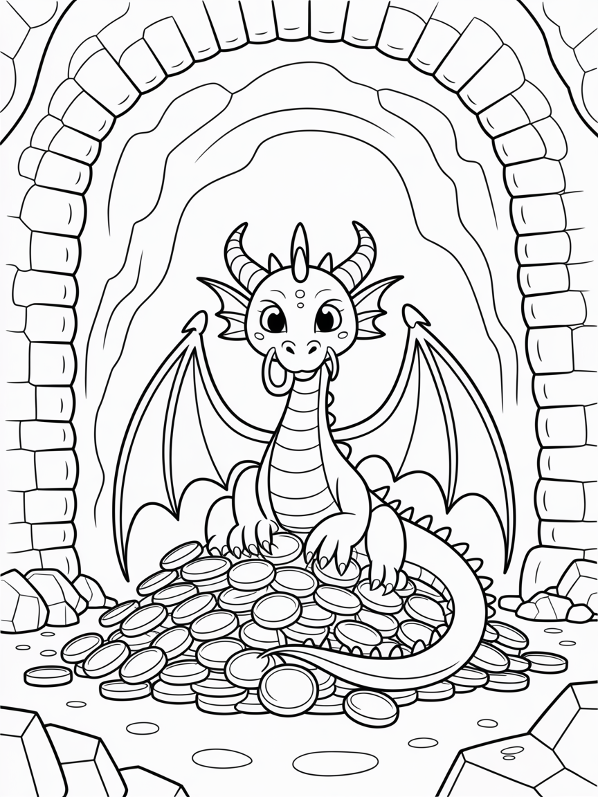 Gringotts dragon guarding a treasure of sparkling coins - Free Coloring Page