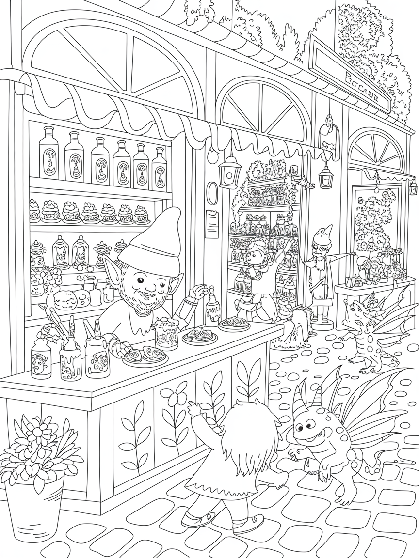 Butterbeer shop bustling with magical creatures - Free Coloring Page