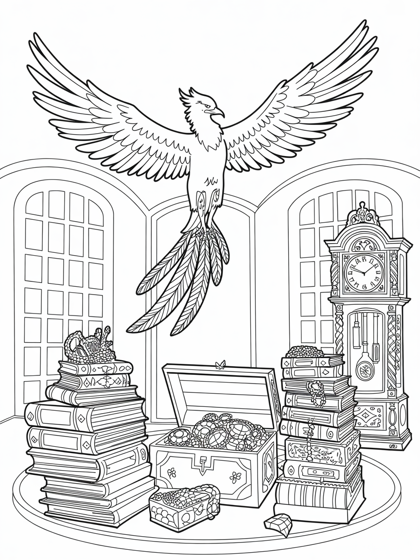 Fawkes soaring above Dumbledore’s office treasures - Free Coloring Page