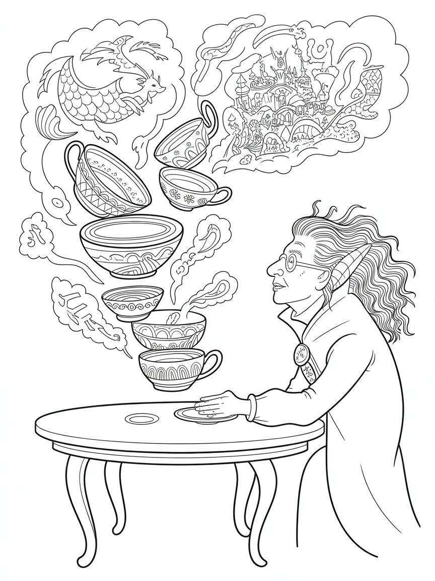 Trelawney's teacups shaping unexpected visions - Free Coloring Page
