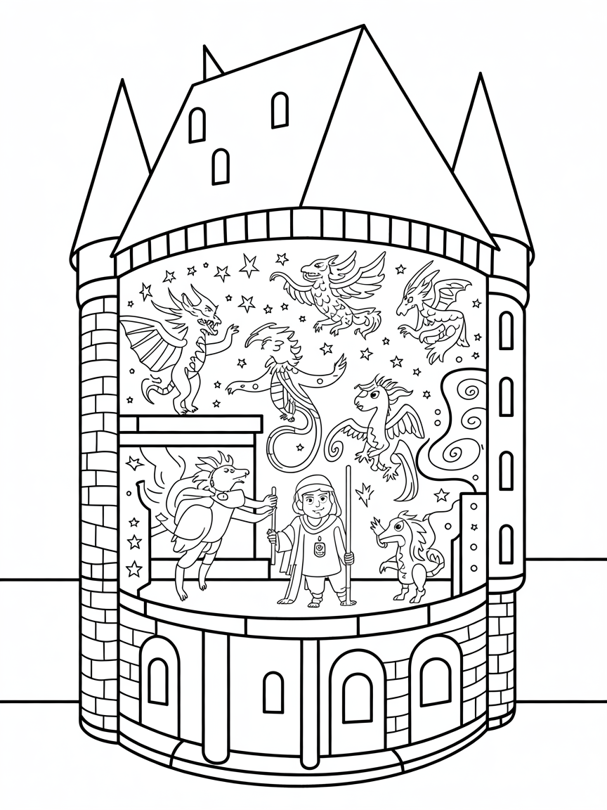 Gryffindor Tower filled with enchanted shadow puppets - Free Coloring Page