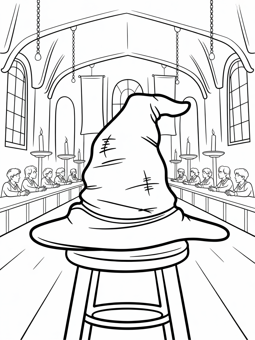 Sorting Hat whispering secrets in the Great Hall - Free Coloring Page