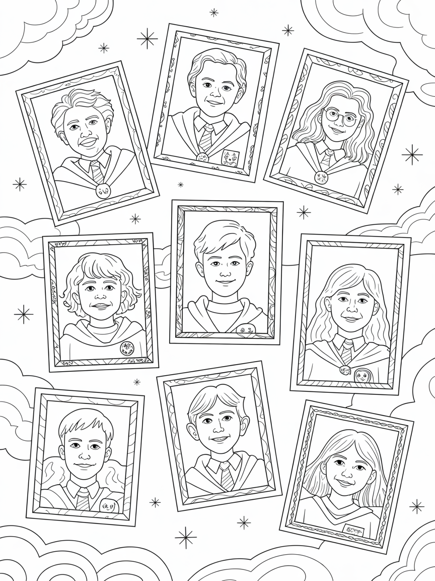 Hogwarts portraits chatting in mid-air - Free Coloring Page