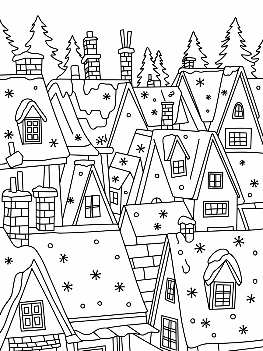Hogsmeade roofs covered in shimmering snow - Free Coloring Page