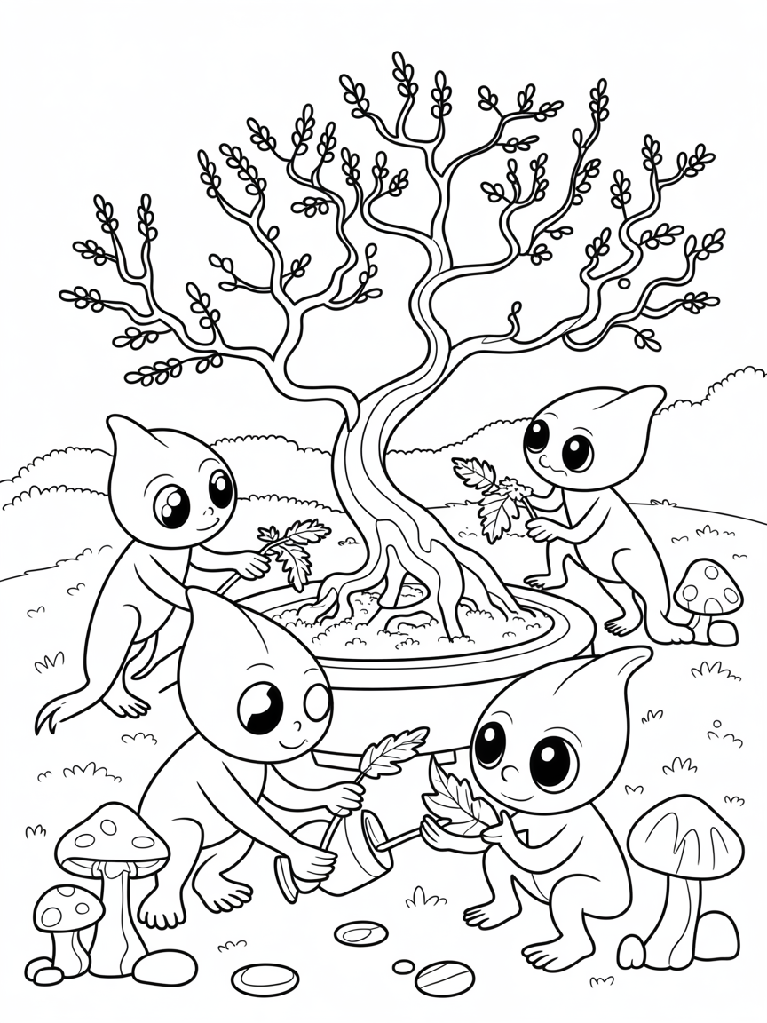 Bowtruckles tending a mystical bonsai tree - Free Coloring Page