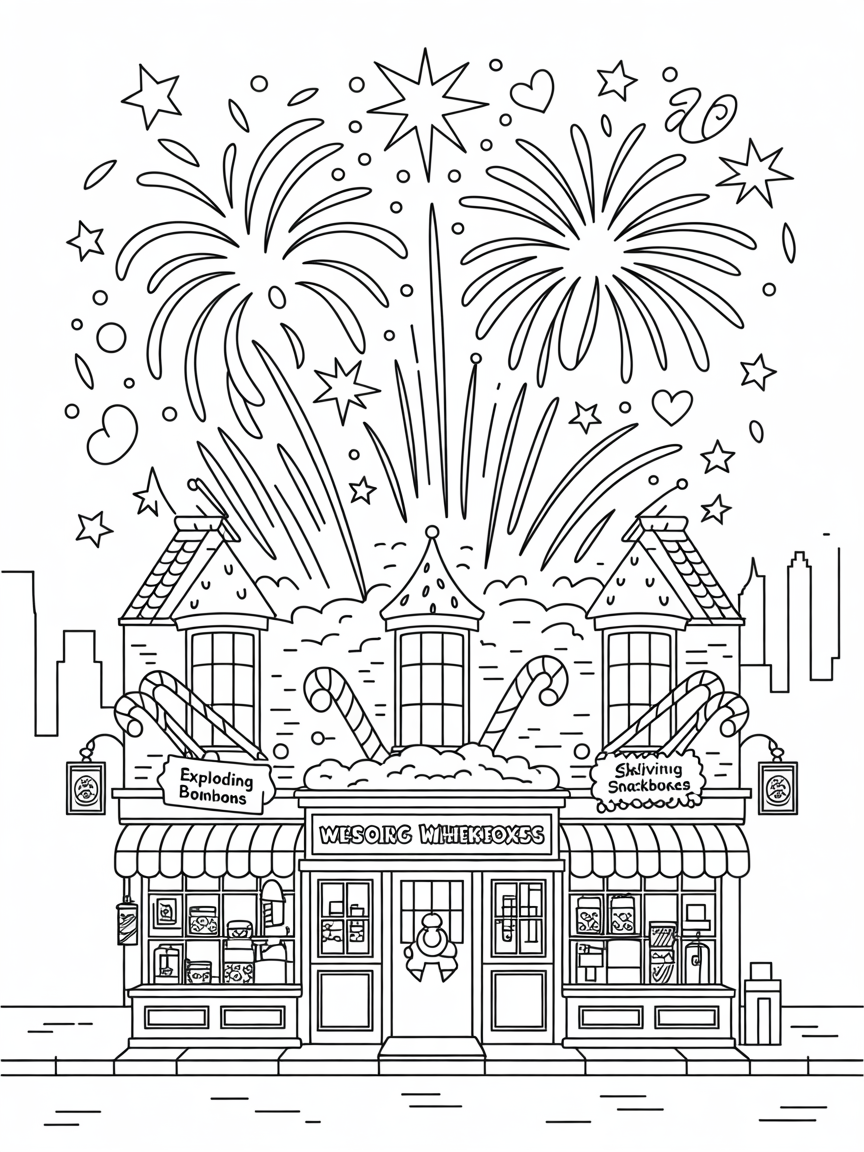 Weasley's Wizard Wheezes erupting with fireworks delight - Free Coloring Page