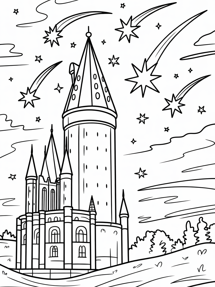 Hogwarts Astronomy Tower gazing at shooting stars - Free Coloring Page
