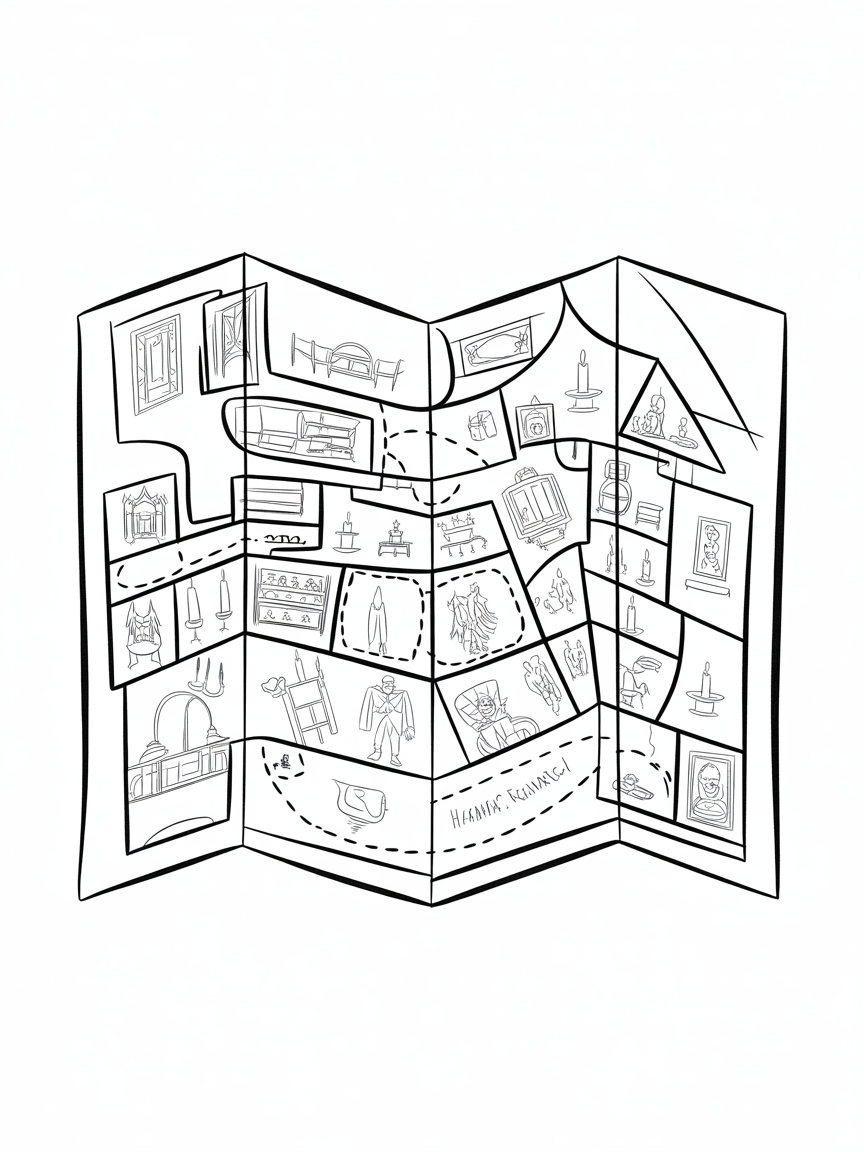 The Marauder's Map revealing secret passageways - Free Coloring Page