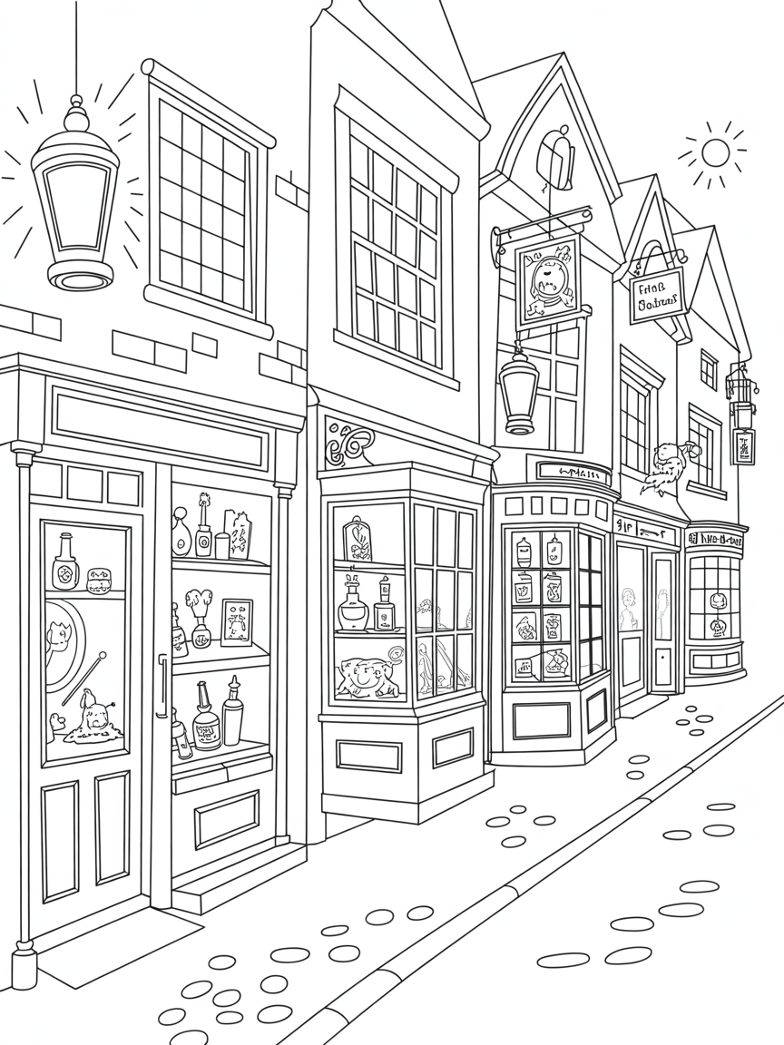 Diagon Alley shop windows twinkling with magical wonders - Free Coloring Page