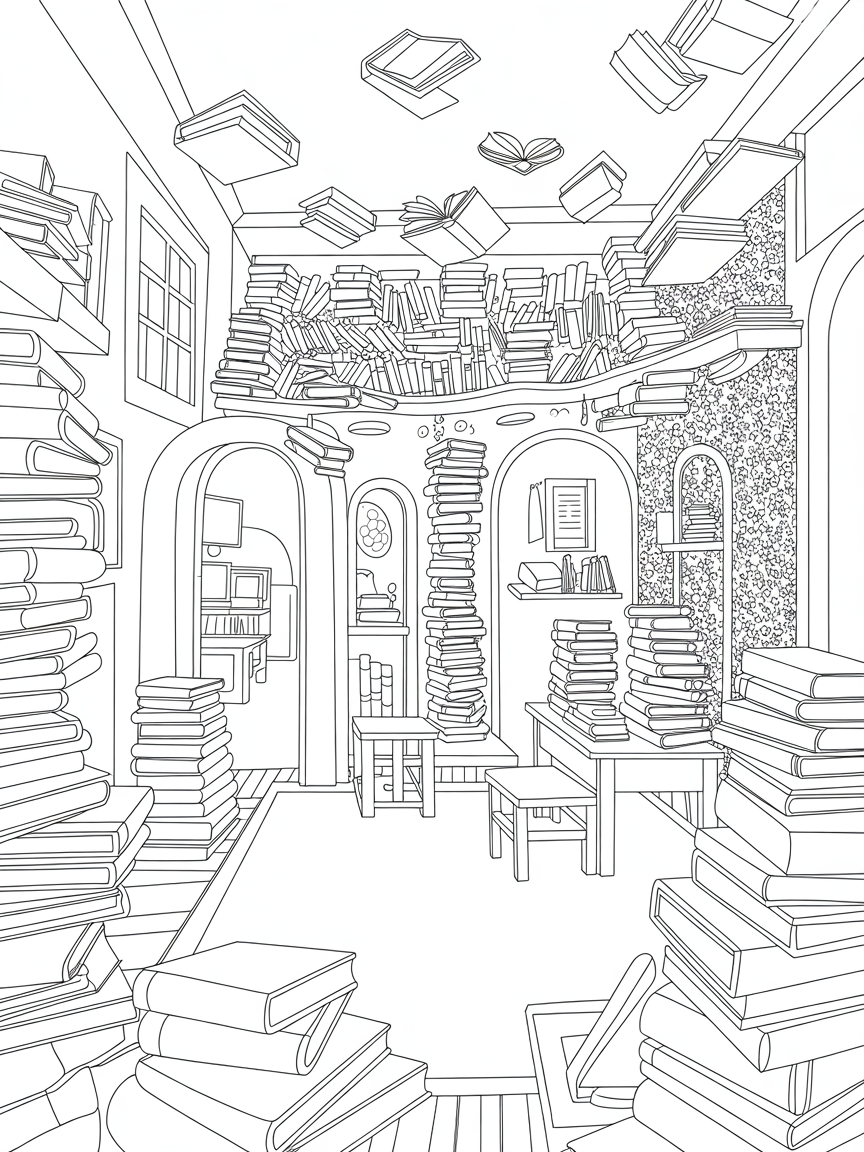 The Room of Requirement filled with floating books - Free Coloring Page