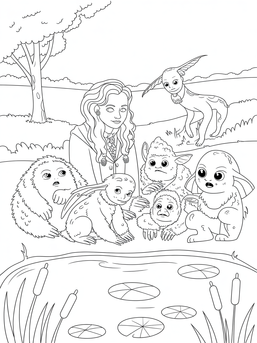 Luna Lovegood tending magical creatures by a pond - Free Coloring Page