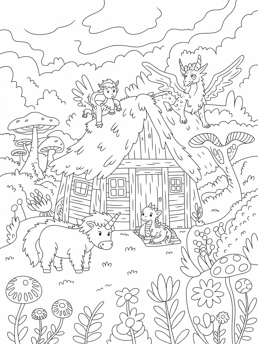 Hagrid's hut surrounded by fantastical beasts - Free Coloring Page