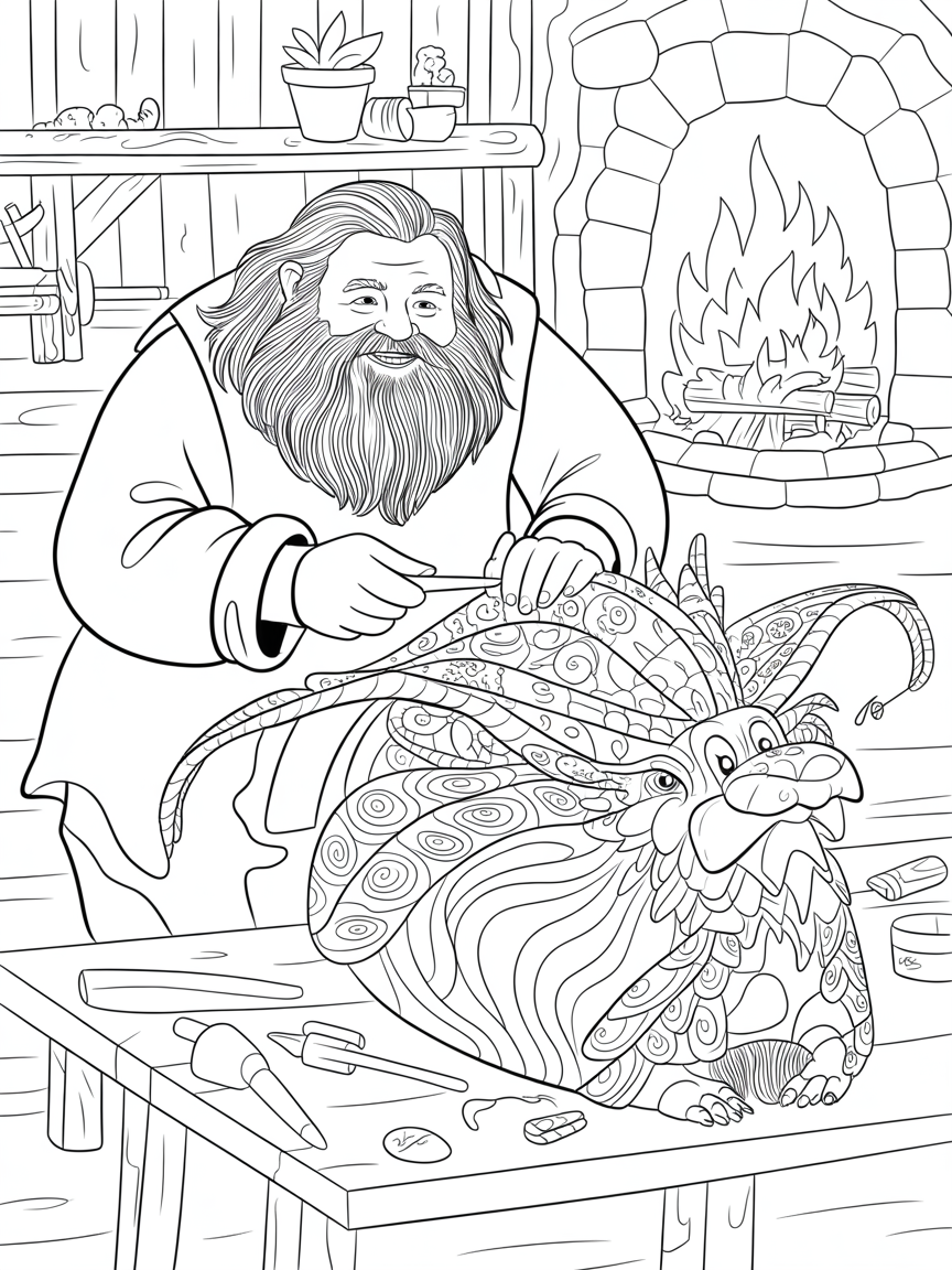Hagrid crafting a giant, enchanted wooden sculpture - Free Coloring Page