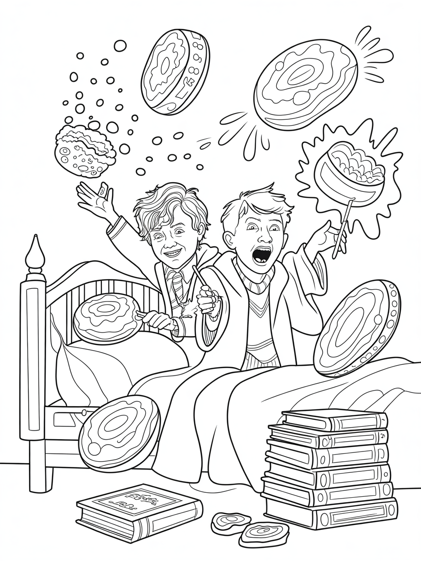 Fred and George testing new enchanted joke sweets - Free Coloring Page