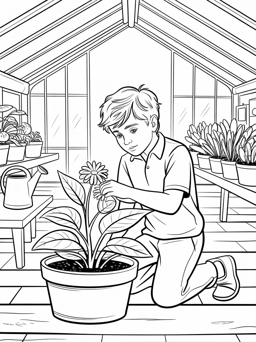 Neville nurturing a magical plant in the greenhouse - Free Coloring Page