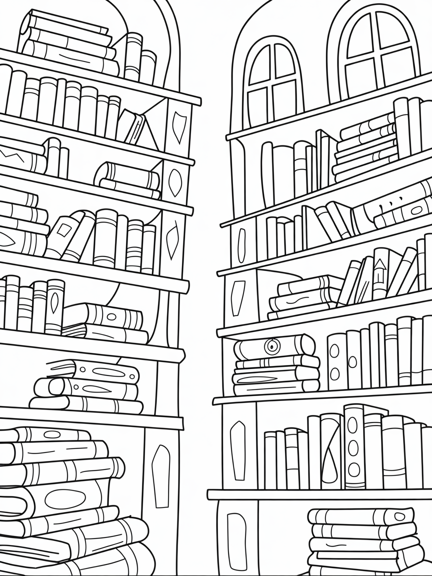 Hogwarts library shelves filled with glowing scrolls - Free Coloring Page