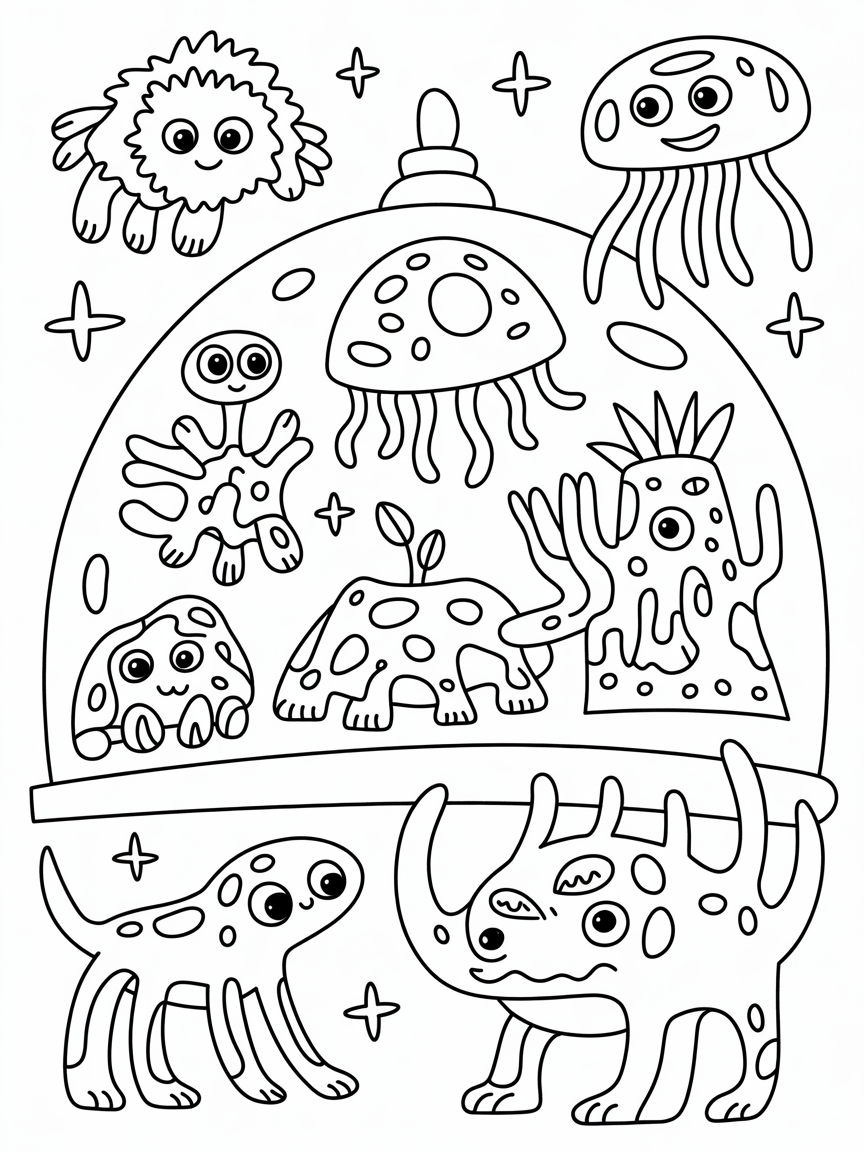 Intergalactic zoo filled with exotic space creatures - Free Coloring Page