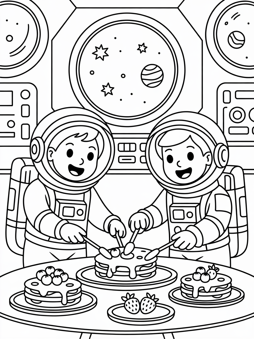 Astronauts cooking cosmic pancakes on a space station - Free Coloring Page