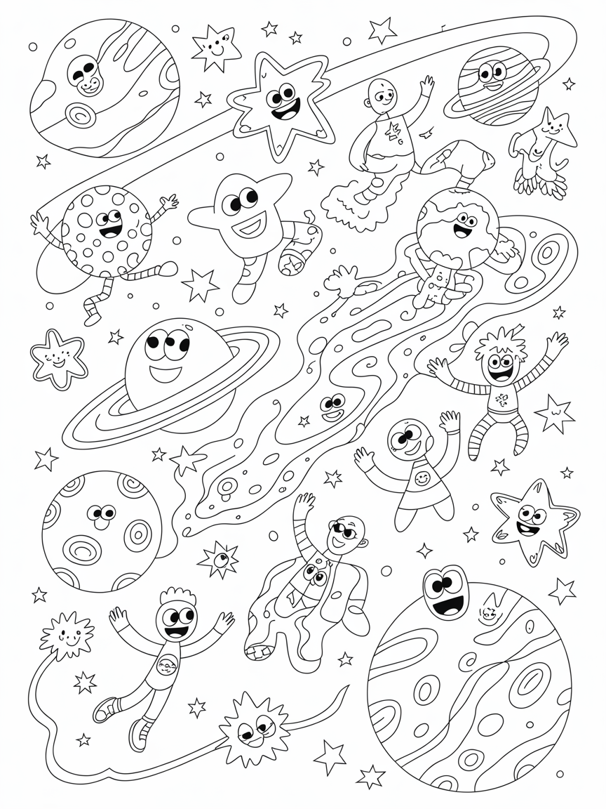 Galactic dance party with stars and swirling planets - Free Coloring Page