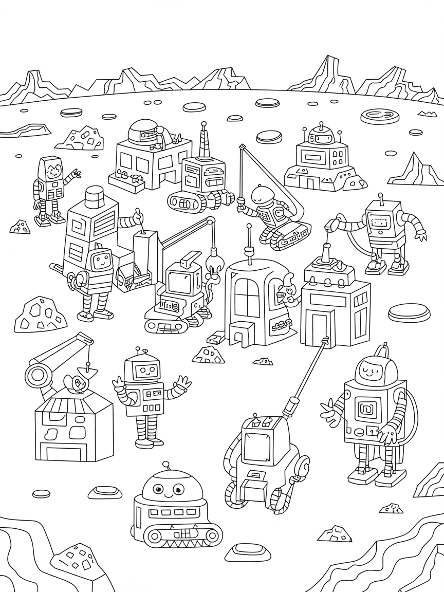 Friendly robots building a city on a distant moon - Free Coloring Page