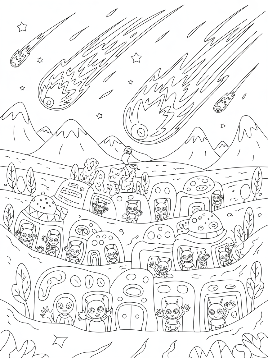 Meteor shower illuminating a sleepy alien village - Free Coloring Page