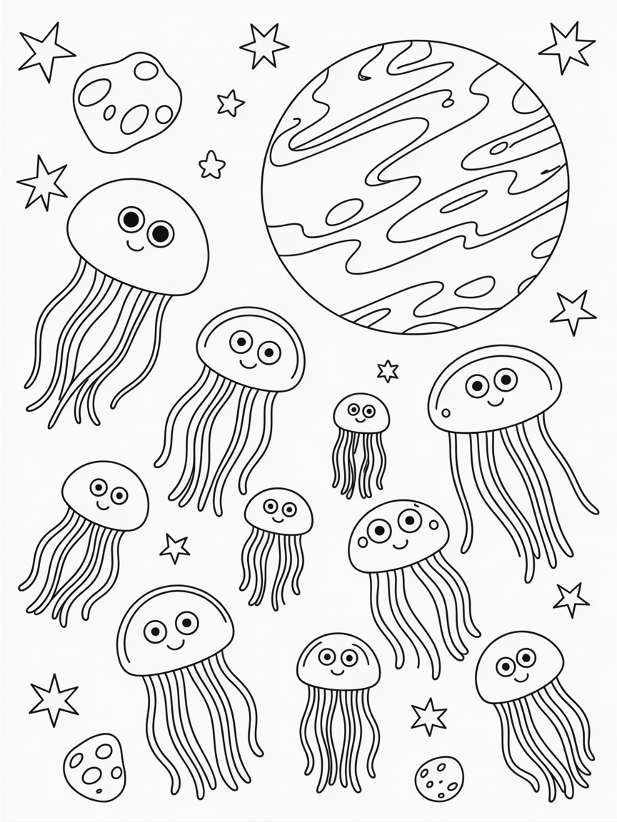 Space jellyfish floating near a glowing planet - Free Coloring Page