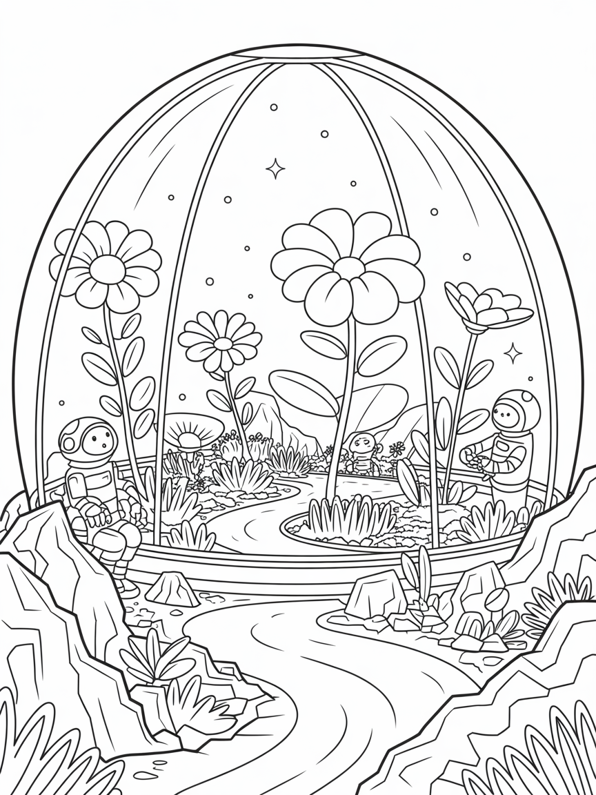 Moonbase garden thriving with luminescent flowers - Free Coloring Page