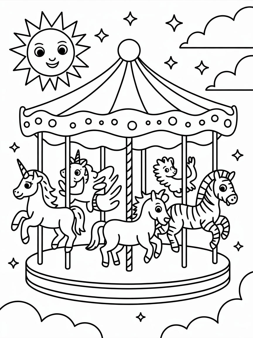 Solar-powered carousel spinning with cosmic creatures - Free Coloring Page