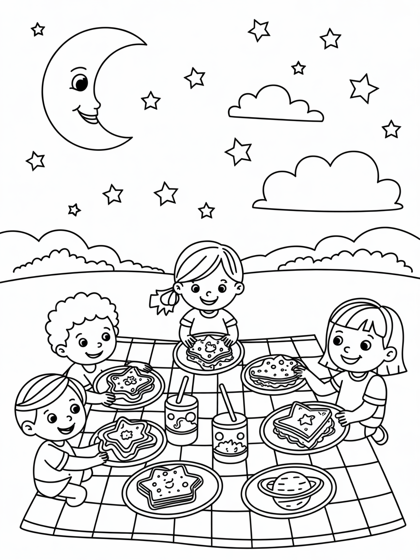 Starry night picnic with galaxy-themed foods - Free Coloring Page