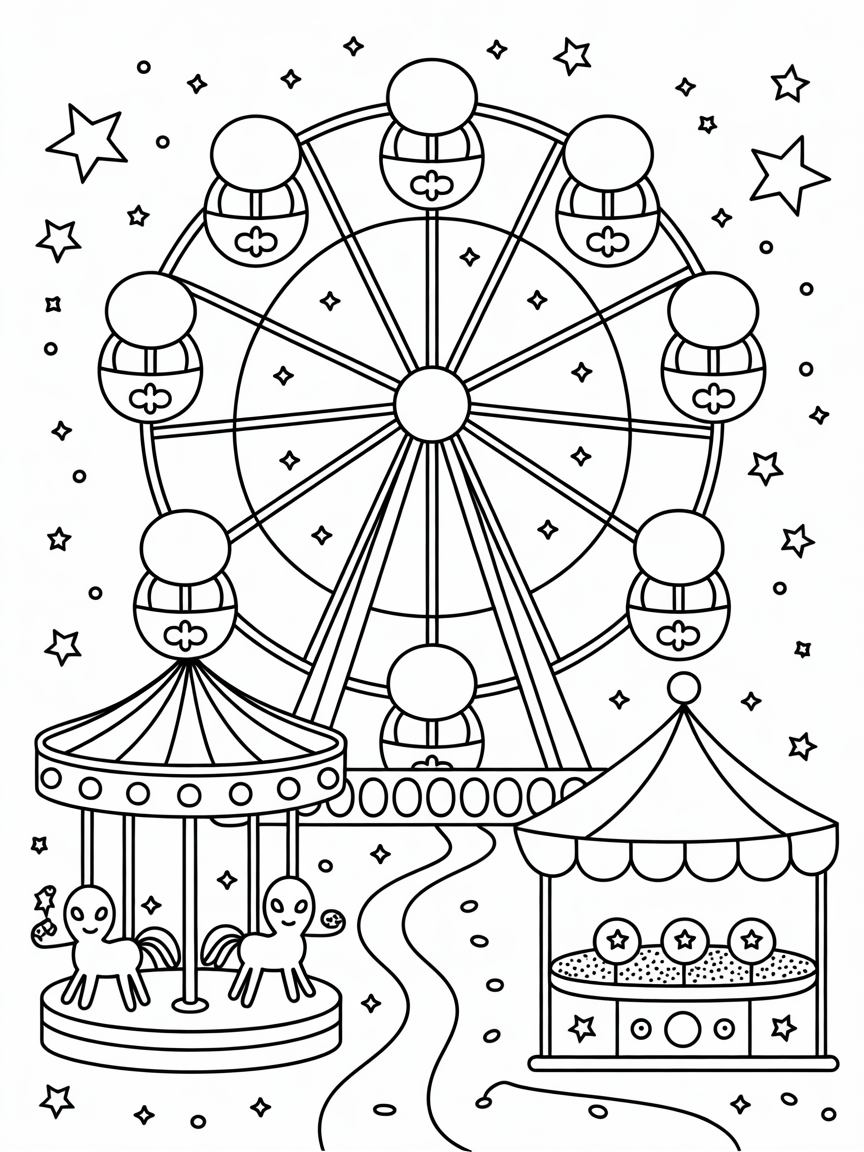 Stardust fairground with a cosmic Ferris wheel - Free Coloring Page