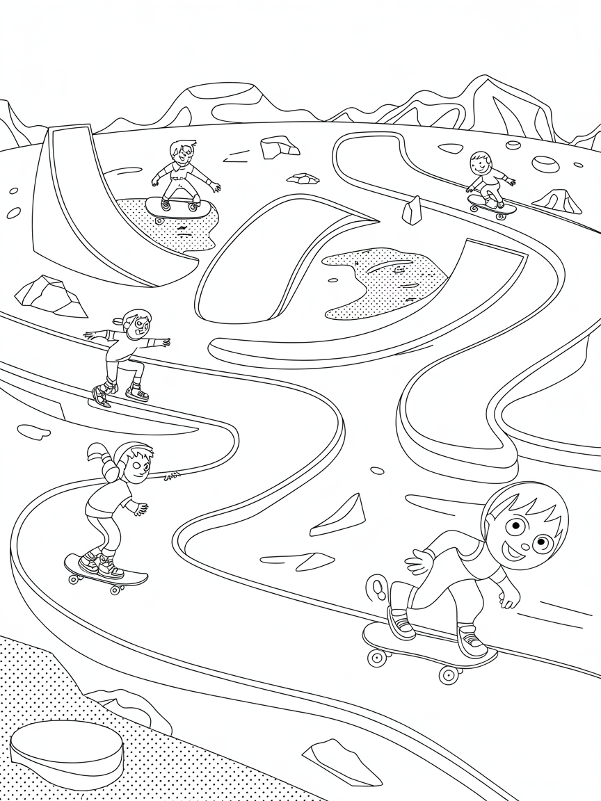 Lunar skate park with anti-gravity ramps - Free Coloring Page