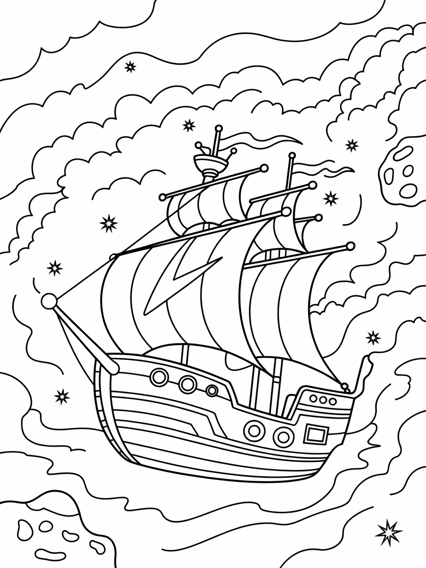 Space pirate ship sailing through a nebula - Free Coloring Page