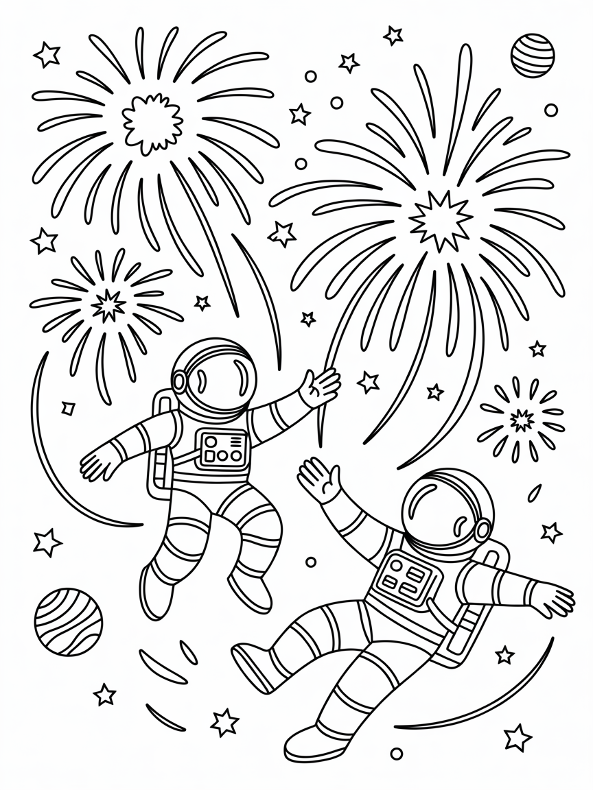 Astronauts conducting a starry sky firework display - Free Coloring Page