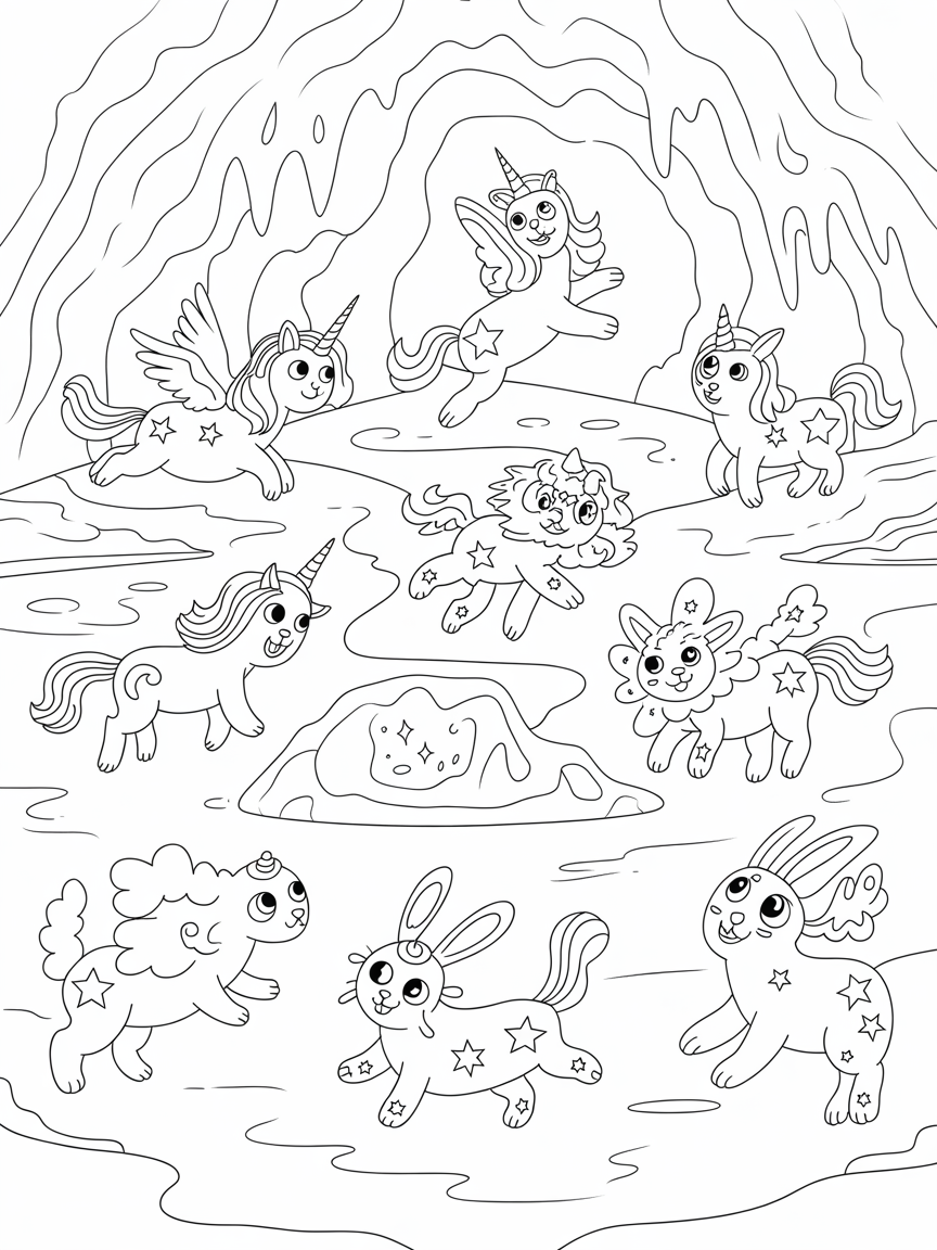 Celestial creatures playing in a rainbow ice cave - Free Coloring Page