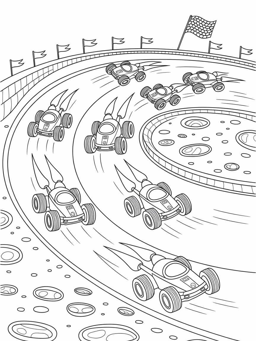 Lunar racetrack with racing rocket buggies - Free Coloring Page