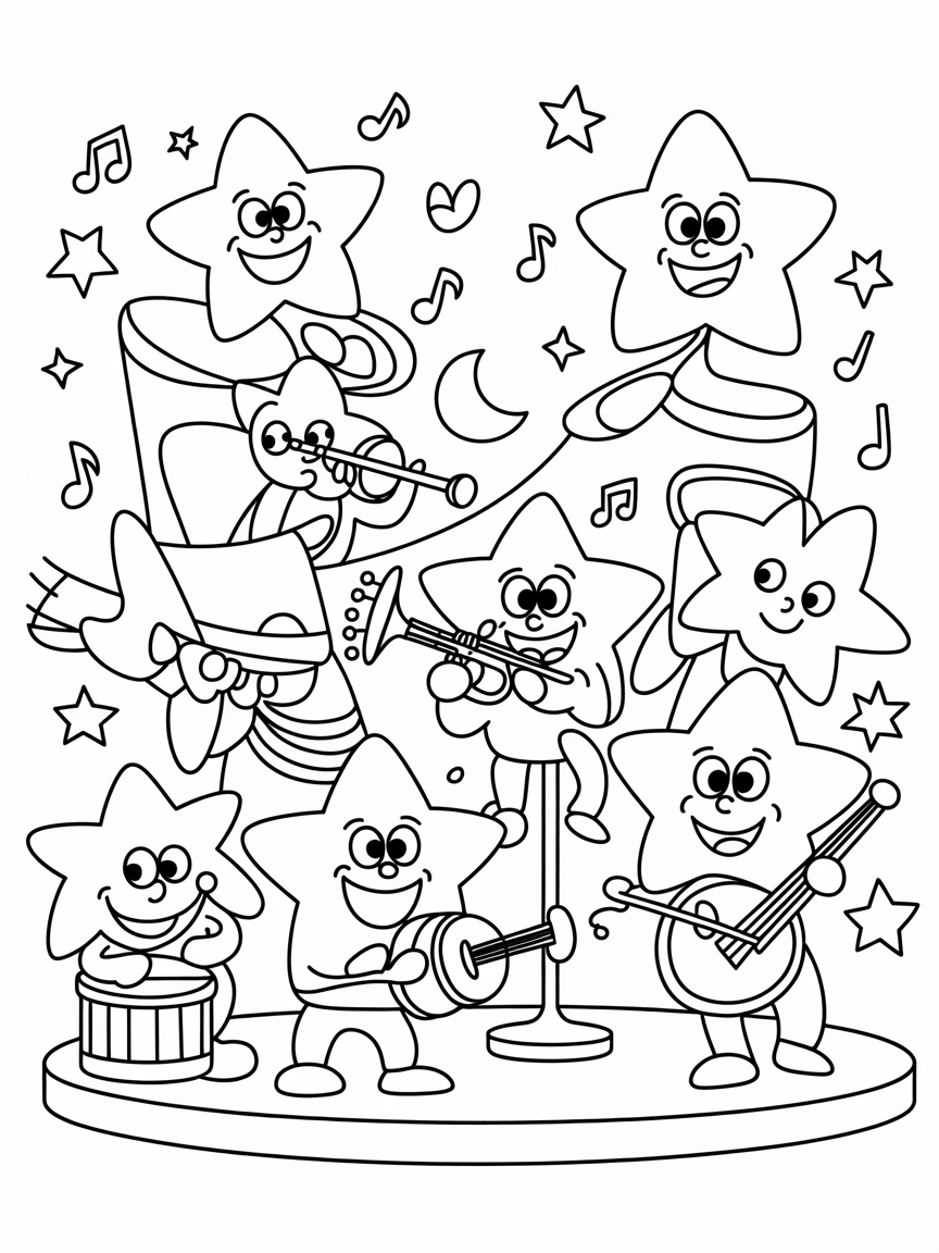 Moonlight orchestra where stars play instruments - Free Coloring Page