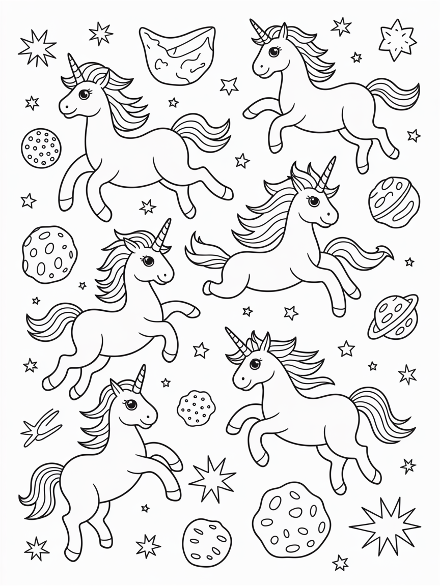 Space unicorns galloping across asteroid fields - Free Coloring Page