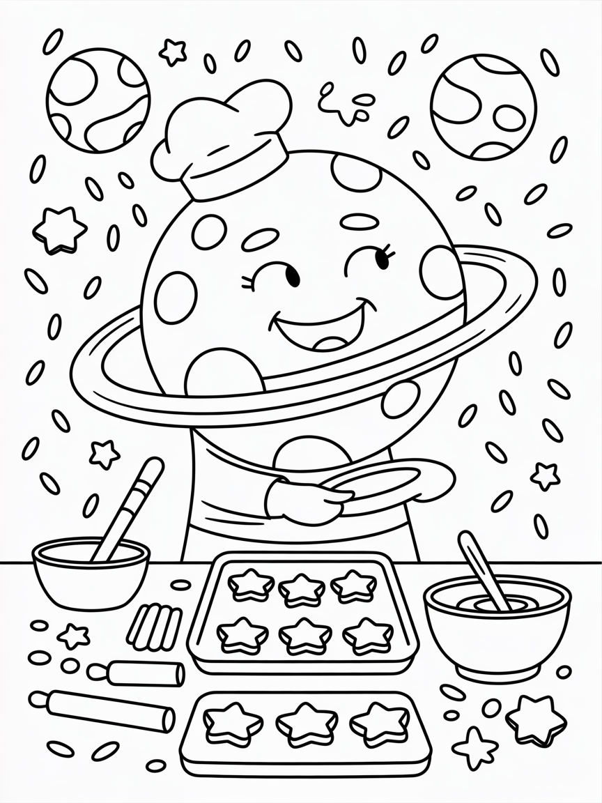 Planetary bakery crafting star-shaped cookies - Free Coloring Page