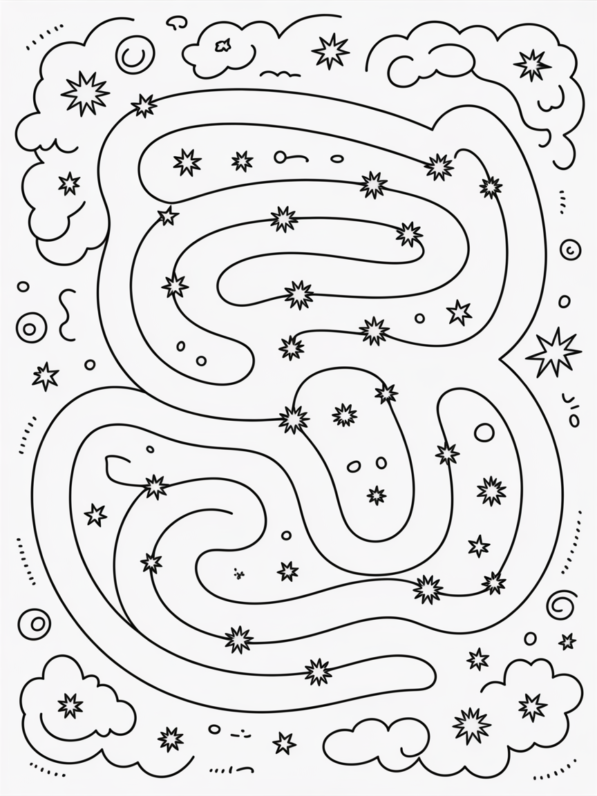 Starry night maze with twinkling constellations - Free Coloring Page