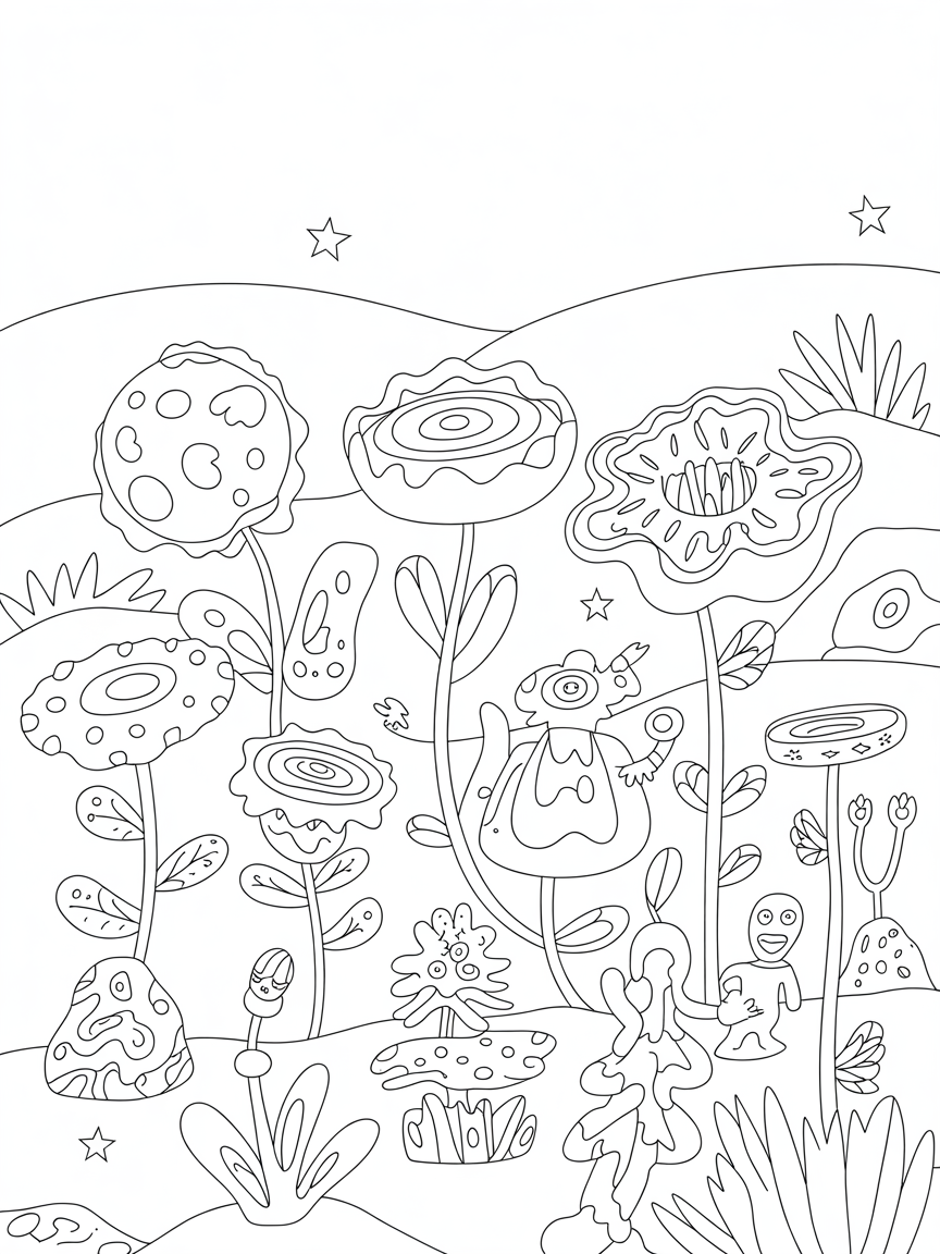 Astro-garden with moon cheese flowers - Free Coloring Page