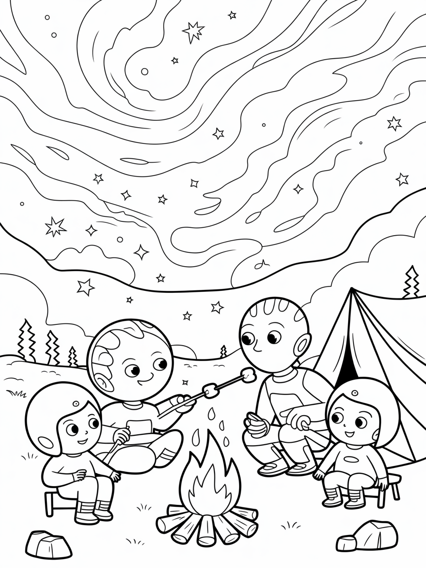 Alien family camping under a nebula sky - Free Coloring Page