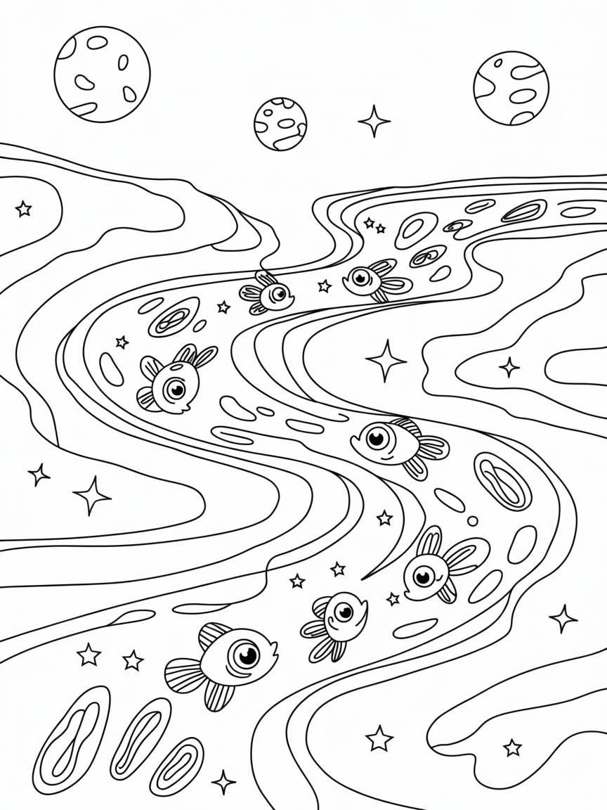 Stardust river with glowing space fish - Free Coloring Page