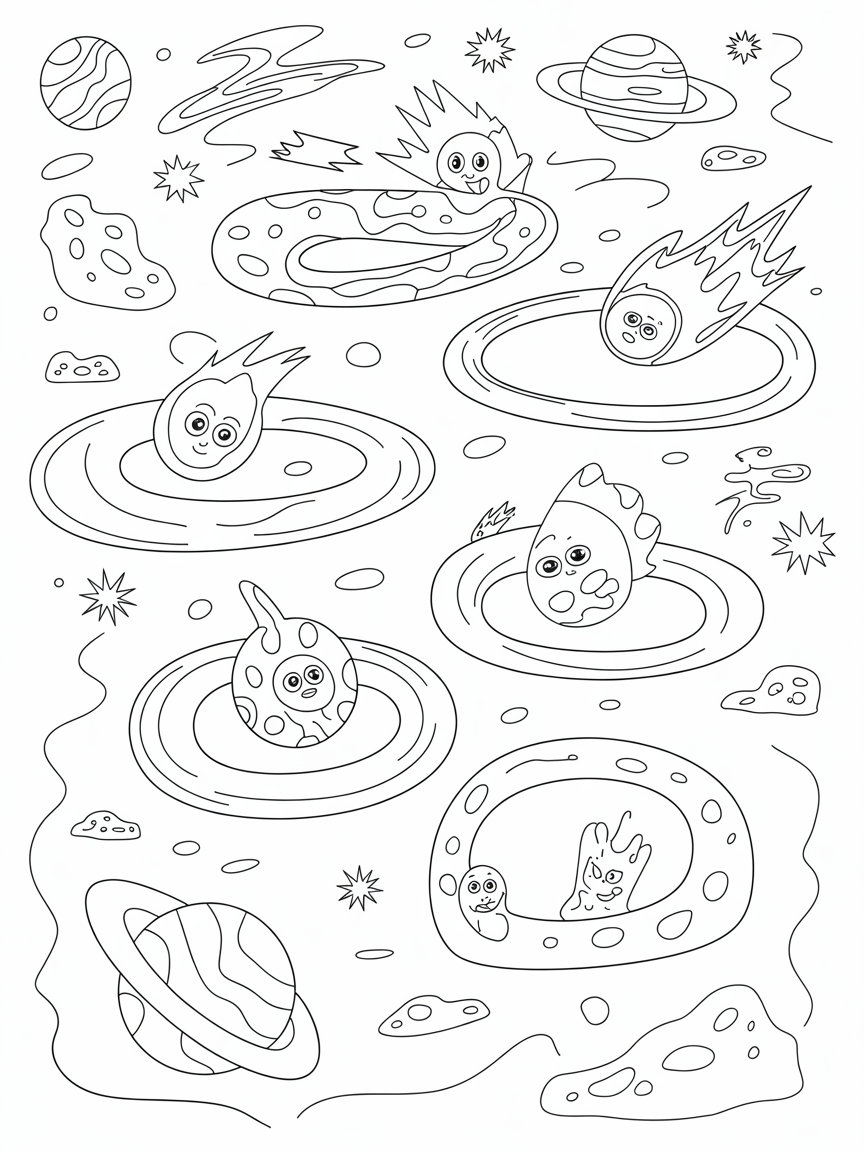 Meteor-themed obstacle course for cosmic creatures - Free Coloring Page