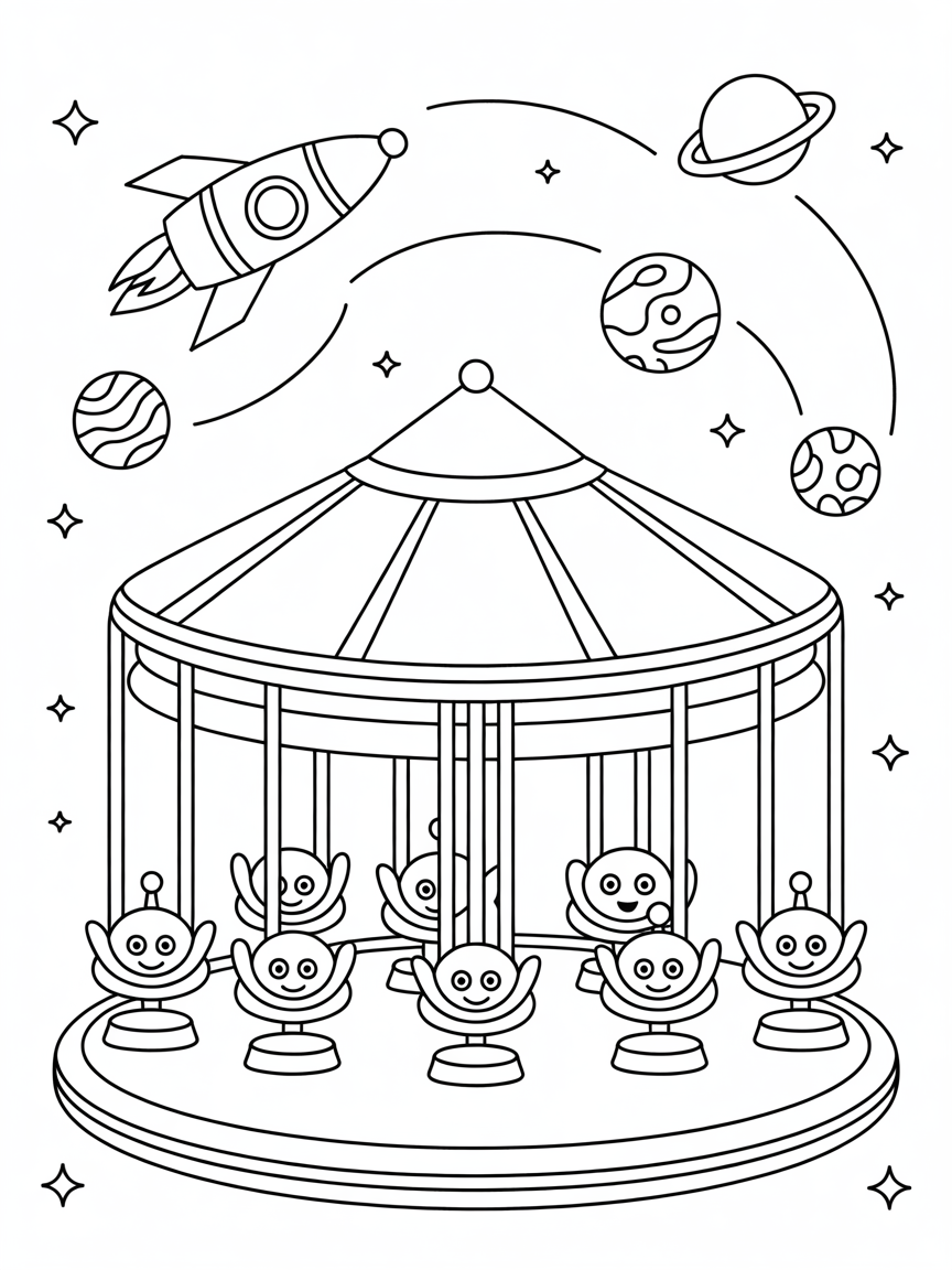 Solar-powered rocket carousel with orbiting planets - Free Coloring Page