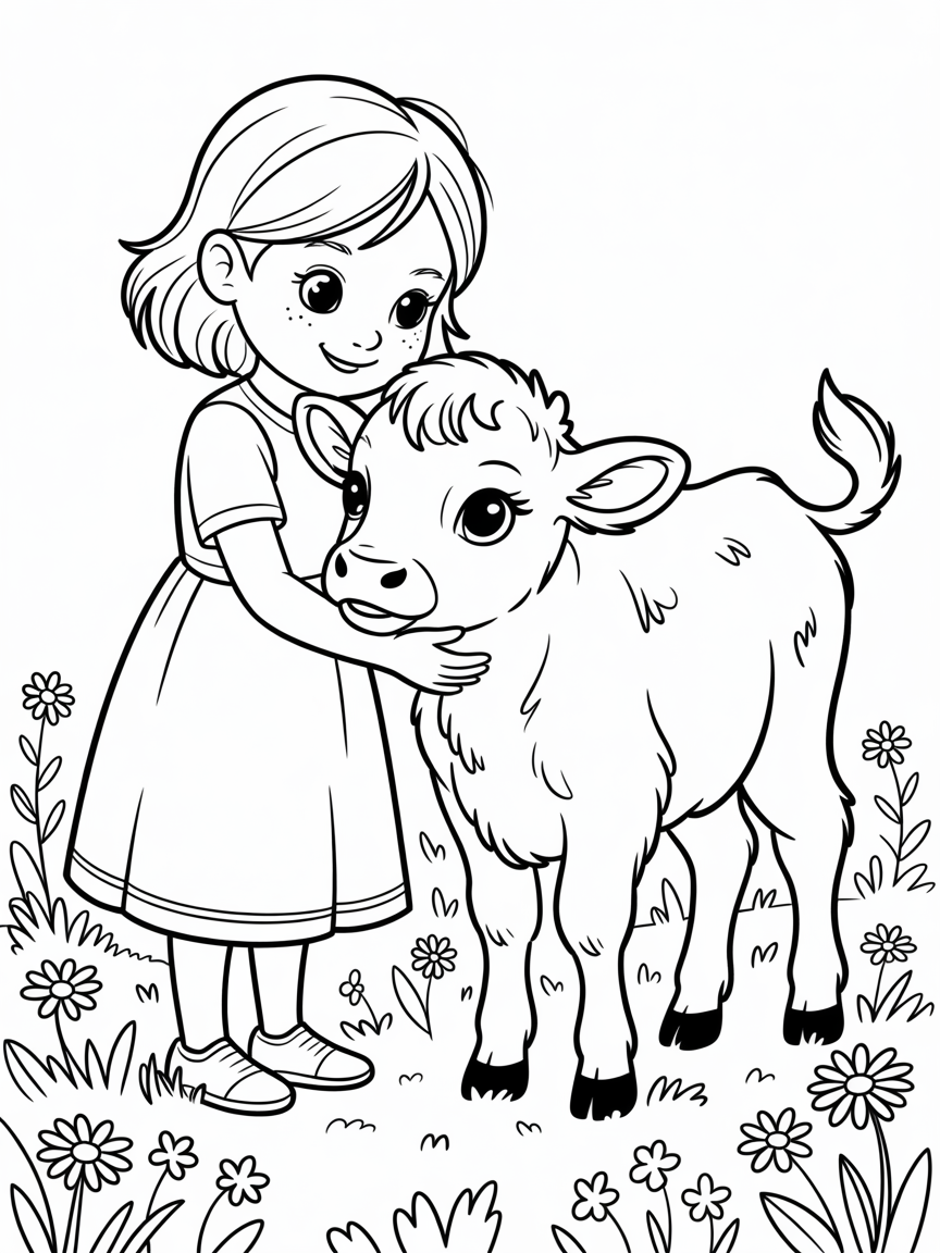 little girl and a calf - Free Coloring Page