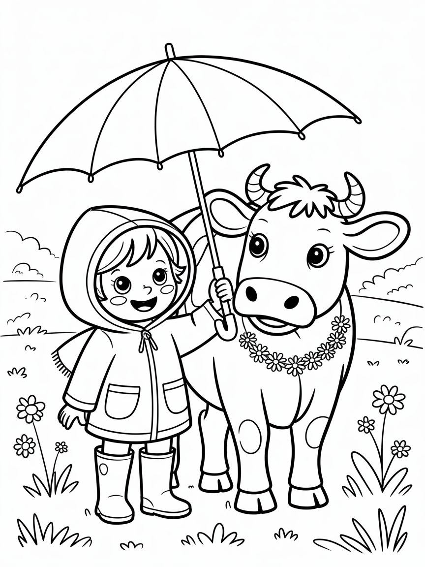 little girl in rainboots and a cow - Free Coloring Page